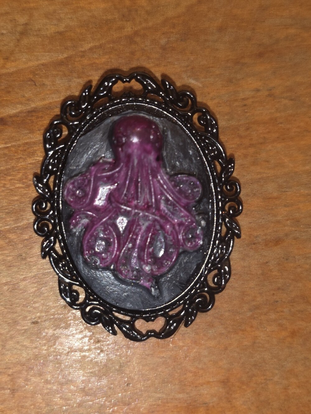 Octopus In Black Metal Frame. Brooch, Handpainted